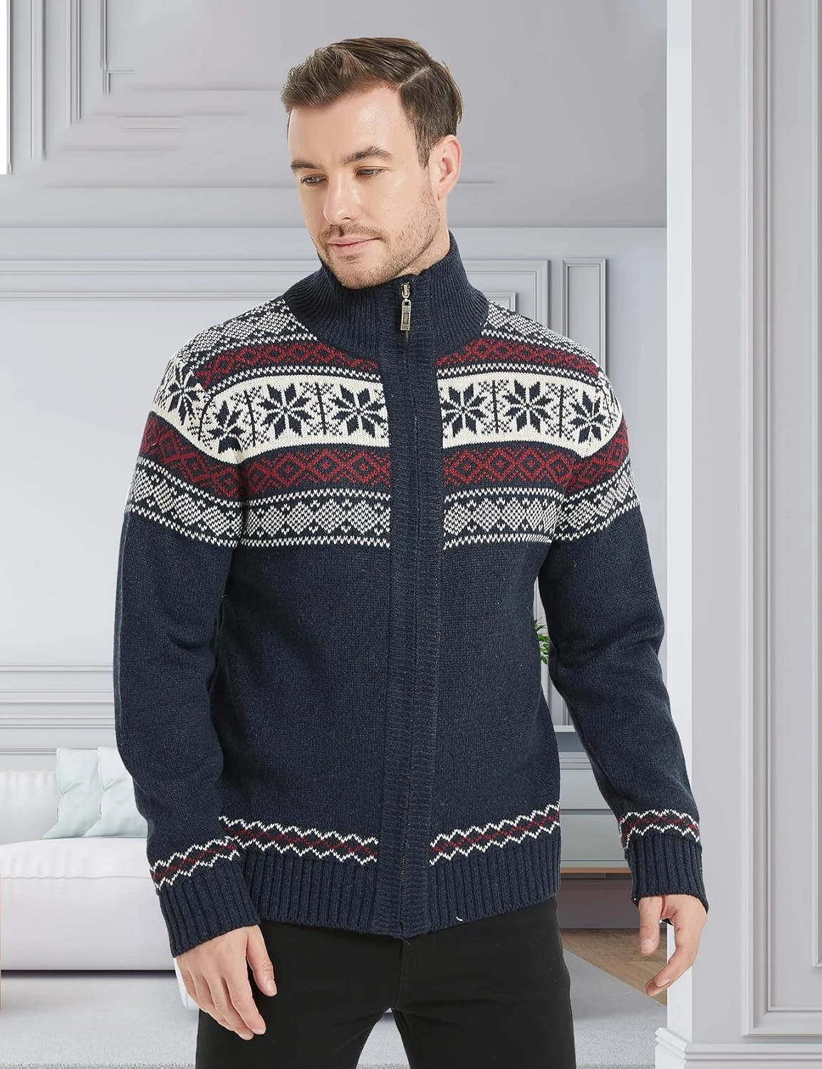 Kedera Men's Cardigan Sweaters Stand Collar Cable Thick Knitted Full Zip Sweater with Pattern
