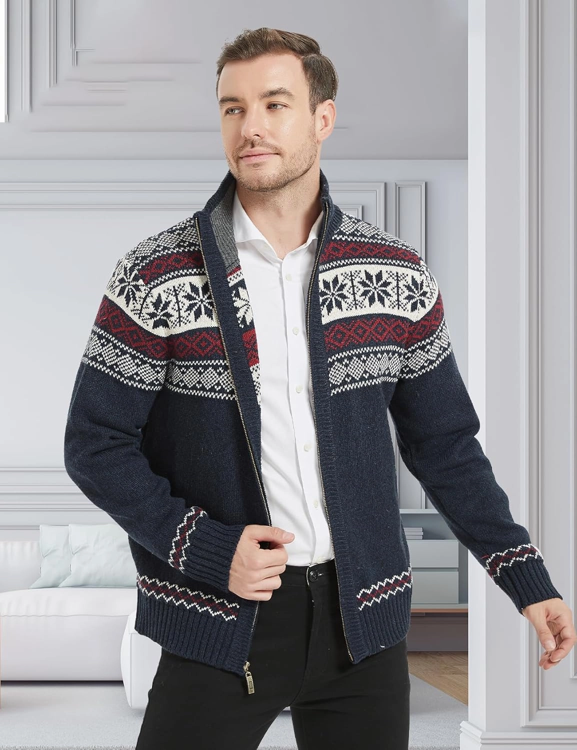 Kedera Men's Cardigan Sweaters Stand Collar Cable Thick Knitted Full Zip Sweater with Pattern
