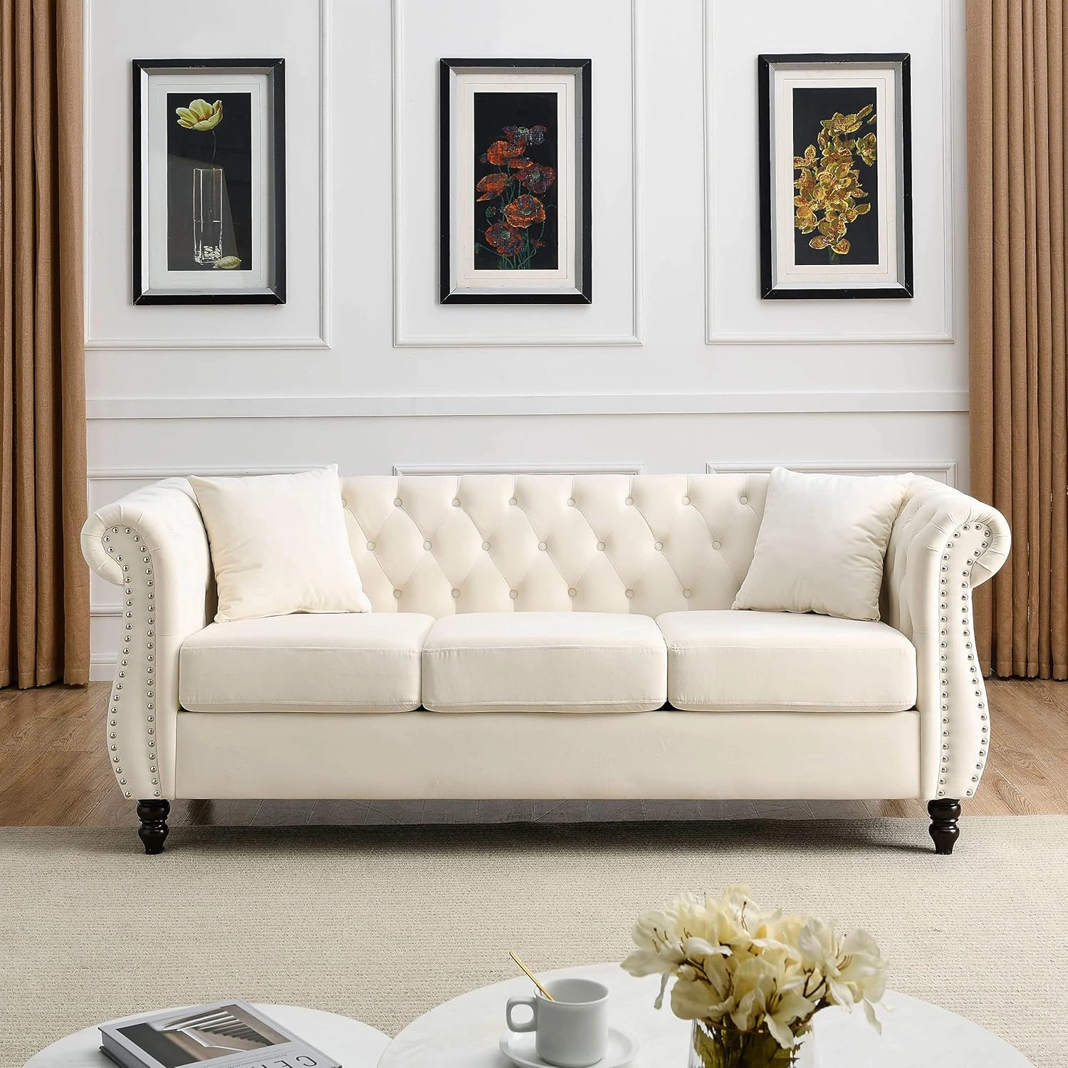 KEIKI Chesterfield Sofa, Retro Style Upholstered 3 3 Seats Velvet Couch with Rolled Arm for Living Room Bedroom Office, Beige