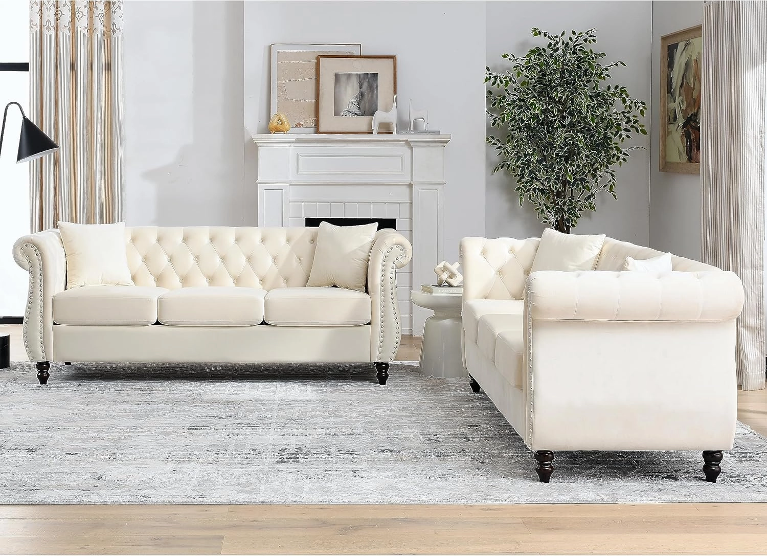 KEIKI Chesterfield Sofa, Retro Style Upholstered 3 3 Seats Velvet Couch with Rolled Arm for Living Room Bedroom Office, Beige