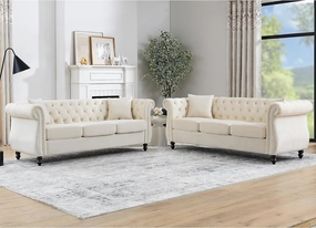 KEIKI Chesterfield Sofa, Retro Style Upholstered 3 3 Seats Velvet Couch with Rolled Arm for Living Room Bedroom Office, Beige