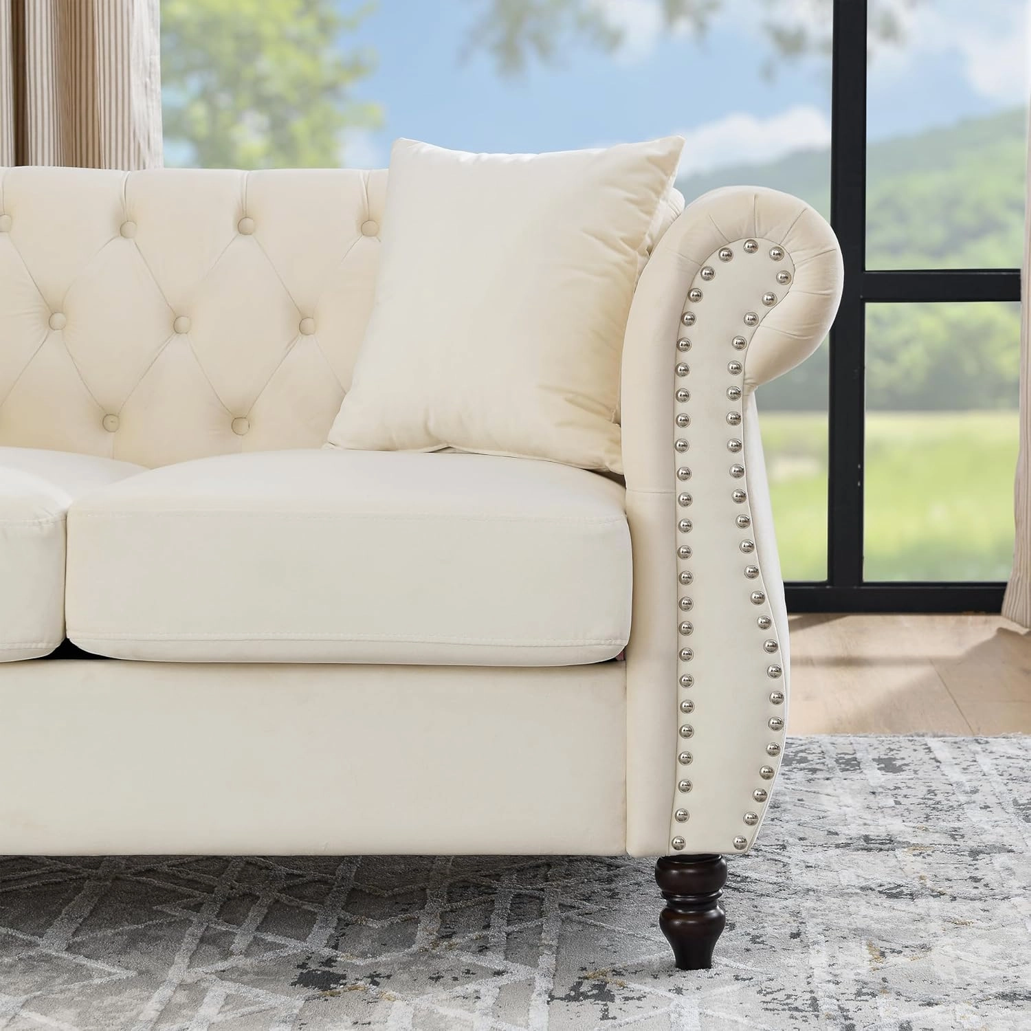 KEIKI Chesterfield Sofa, Retro Style Upholstered 3 3 Seats Velvet Couch with Rolled Arm for Living Room Bedroom Office, Beige