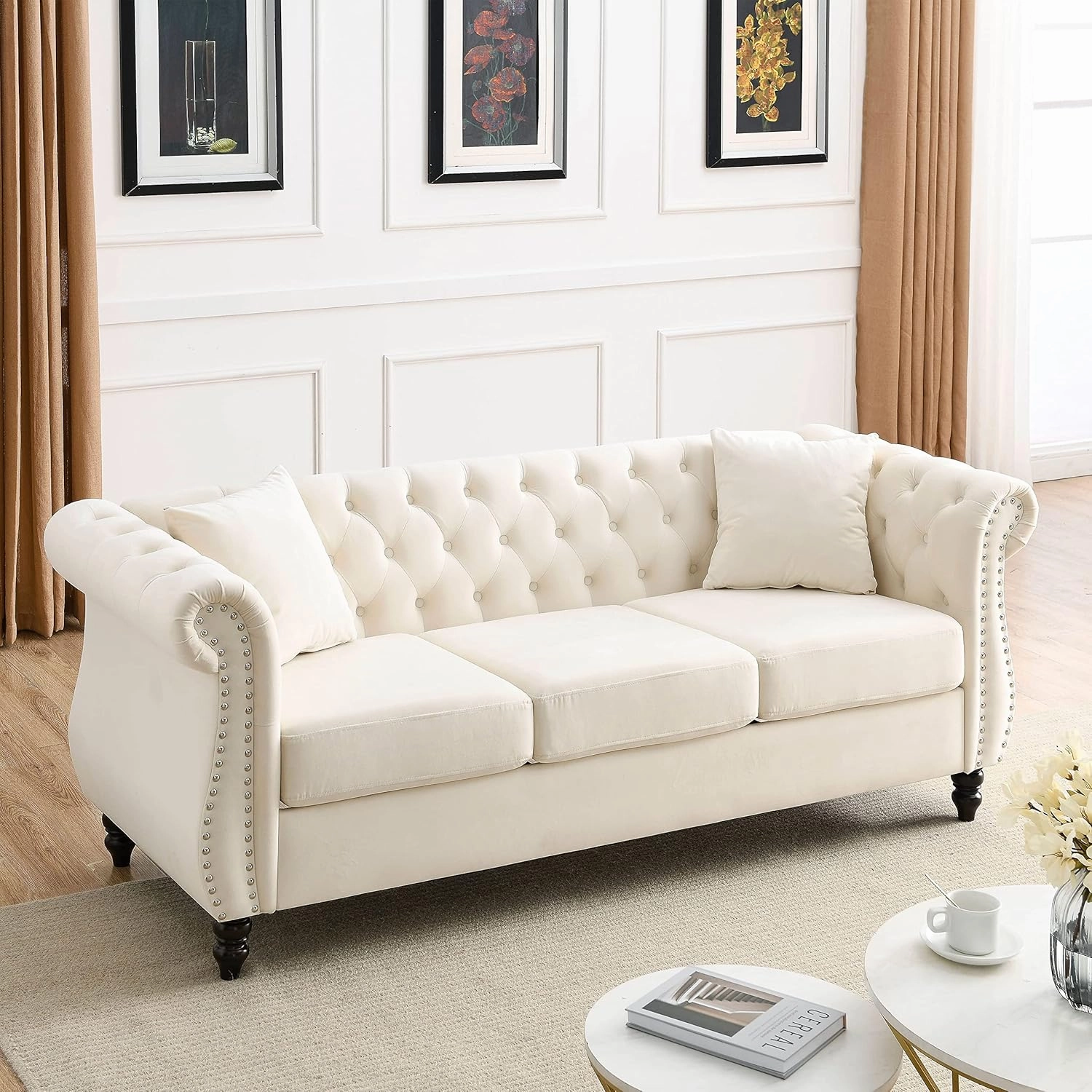 KEIKI Chesterfield Sofa, Retro Style Upholstered 3 3 Seats Velvet Couch with Rolled Arm for Living Room Bedroom Office, Beige
