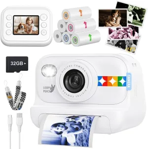 Kids Color Instant Print Camera – Kids Camera with 5 Color Photo Paper, 48MP & 1080P Video, 21 Fun Frames, 32G Card, Christmas/Birthday Gifts for Girls and Boys Ages 3 4 5 6 7 8 9 10 11 12 -White