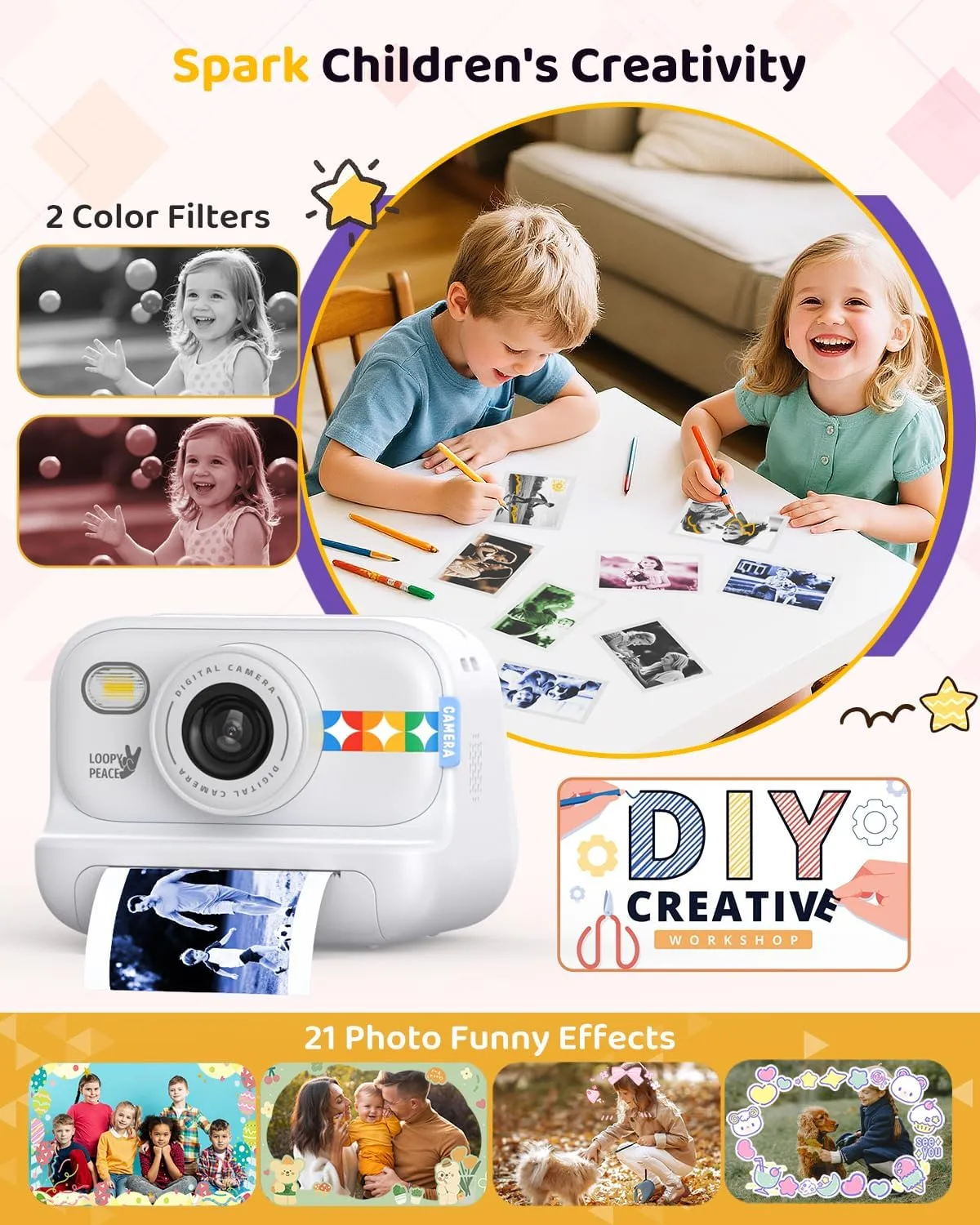 Kids Color Instant Print Camera – Kids Camera with 5 Color Photo Paper, 48MP & 1080P Video, 21 Fun Frames, 32G Card, Christmas/Birthday Gifts for Girls and Boys Ages 3 4 5 6 7 8 9 10 11 12 -White