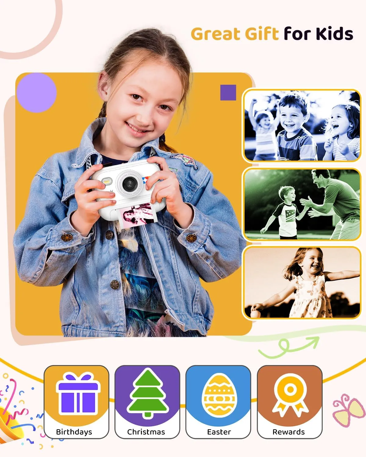 Kids Color Instant Print Camera – Kids Camera with 5 Color Photo Paper, 48MP & 1080P Video, 21 Fun Frames, 32G Card, Christmas/Birthday Gifts for Girls and Boys Ages 3 4 5 6 7 8 9 10 11 12 -White