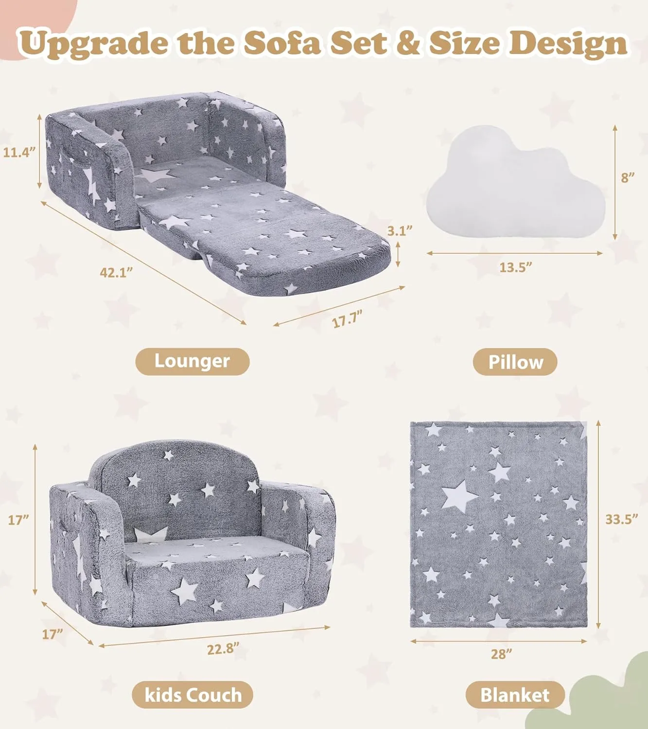 Kids Couch, 2-in-1 Soft Toddler Couch Fold Out with with Blanket and Cloud Pillow, Glow in The Dark, Toddler Chair Comfy, Convertible Sofa to Lounger, Gifts for Kids Girl Boys, Medium Grey Star