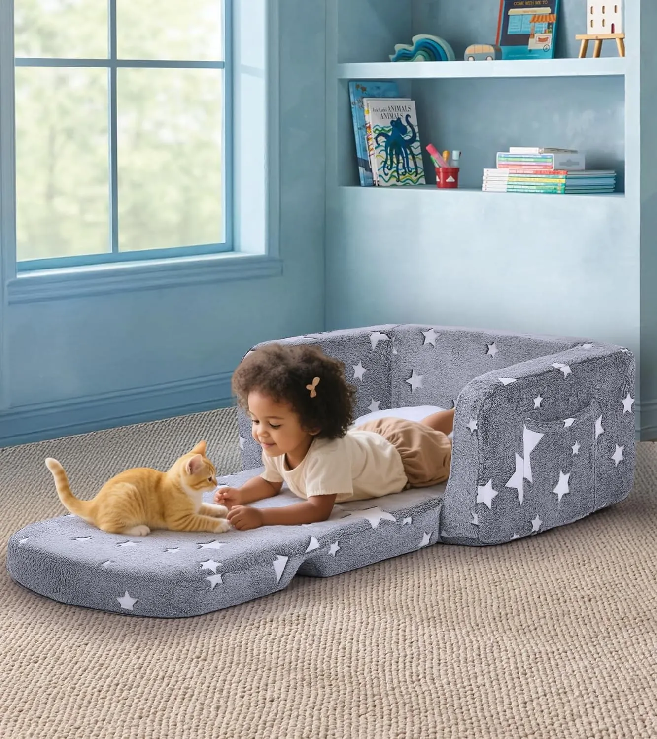 Kids Couch, 2-in-1 Soft Toddler Couch Fold Out with with Blanket and Cloud Pillow, Glow in The Dark, Toddler Chair Comfy, Convertible Sofa to Lounger, Gifts for Kids Girl Boys, Medium Grey Star