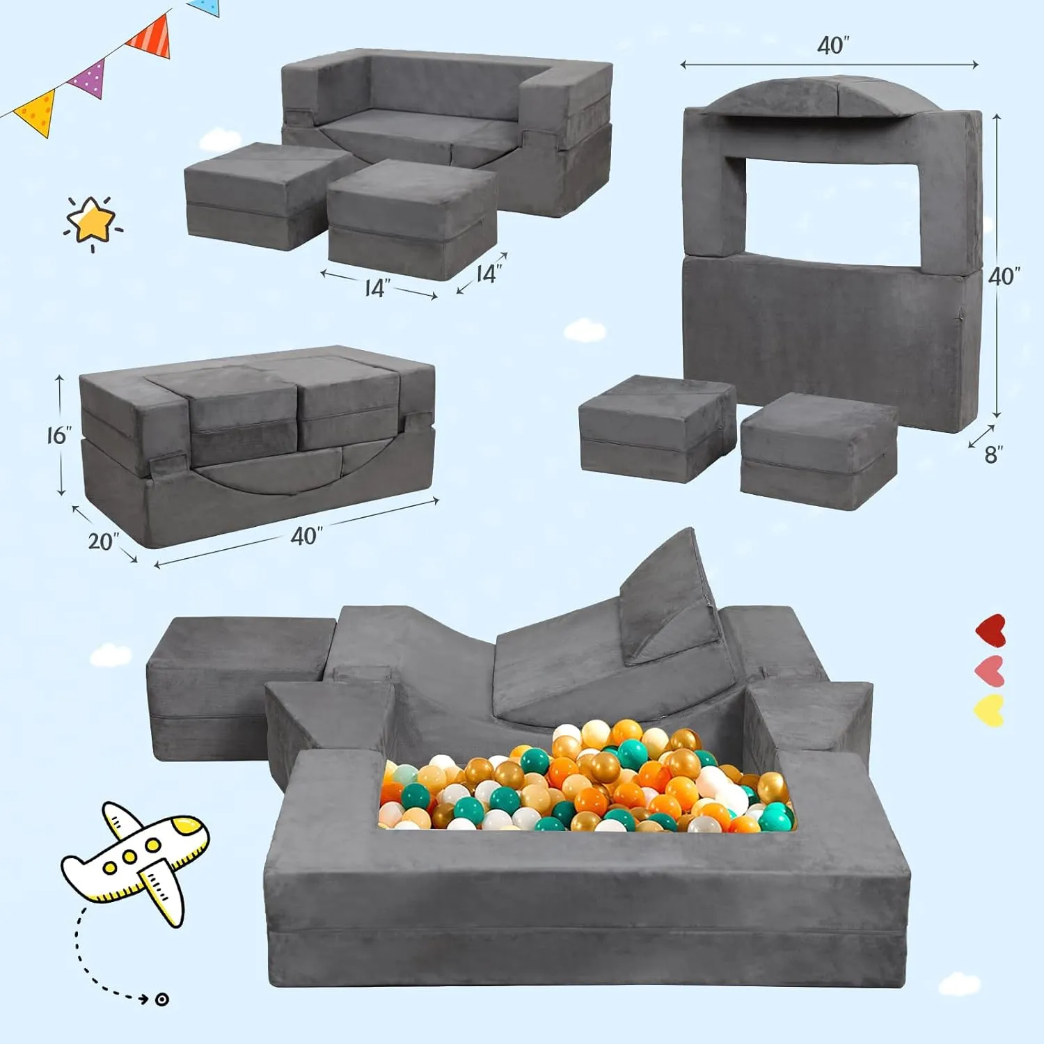 Kids Couch, Modular Kids Sofa for Toddlers, Toddler Couch Foam Play Set, Convertible Sofa for Children
