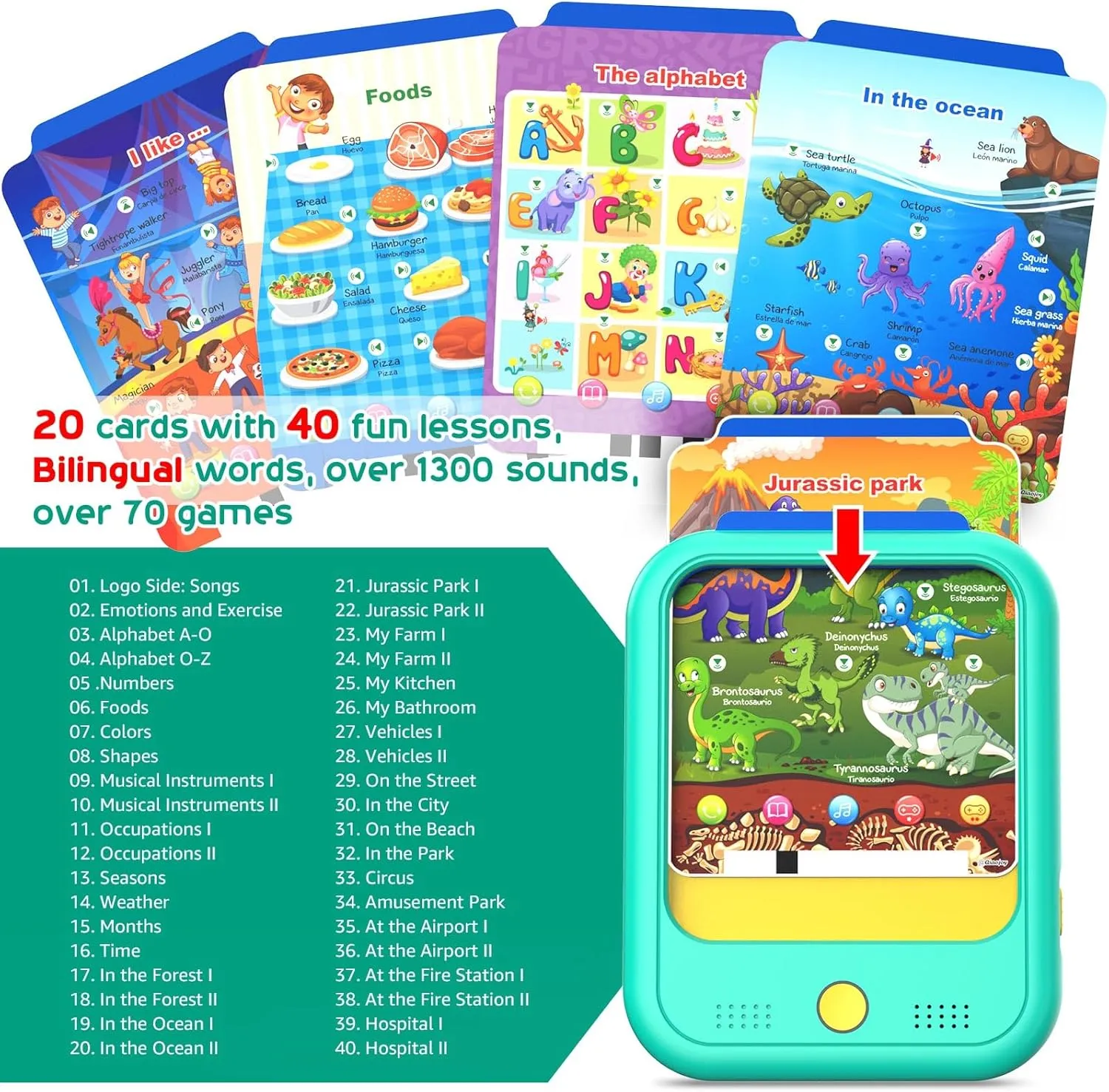 Kids Learning Tablet Educational Learning Pad for Toddlers 2-5 to Learn Alphabets, Numbers, Foods, Time, Music, Vehicles,Jurassic Park, Tablet Toy for Toddlers Ages 2 3 4 5 6 Years Old