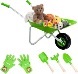 Kids Wheelbarrow Set Metal, Child Wheel Barrel Green Easy to Assemble and Kids Gardening Tools Kit, Garden Toys with Small Wheel Barrow, Outdoor Indoor Toys Gift for Children