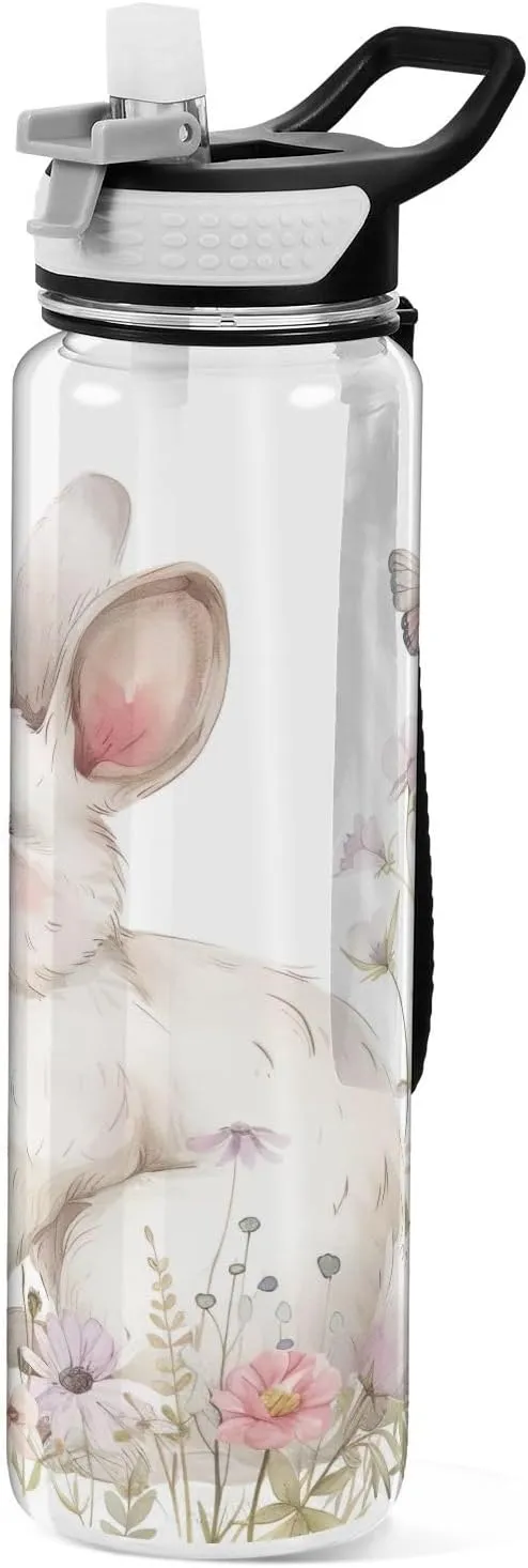 Kigai Transparent Sports Water Bottle 32oz, Bunny Rabbit Leakproof Wide Mouth Water Bottle with Straw, BPA Free Water Jug with Detachable Strap & Handle for Fitness Gym Outdoor