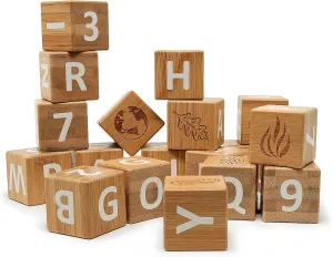 Kinderfeets: Bamboo ABC Blocks - 18pc Set, Build & Stack Toy, Blocks with Letters-Numbers-Symbols, Count & Categorize, Toddler & Kids Ages 12mo 