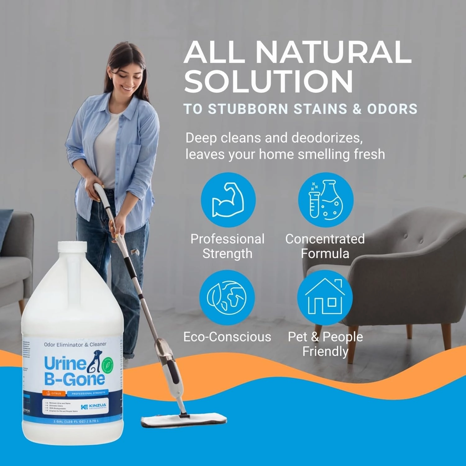 KINZUA ENVIRONMENTAL Urine B-Gone, Professional Enzyme Odor Eliminator & Pet Stain Remover, Human, Cat & Dog Urine Cleaner, Effective on Laundry, Carpets & More, Citrus Scent, 1 Gallon