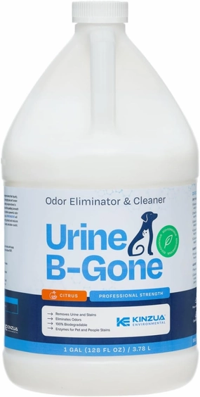 KINZUA ENVIRONMENTAL Urine B-Gone, Professional Enzyme Odor Eliminator & Pet Stain Remover, Human, Cat & Dog Urine Cleaner, Effective on Laundry, Carpets & More, Citrus Scent, 1 Gallon