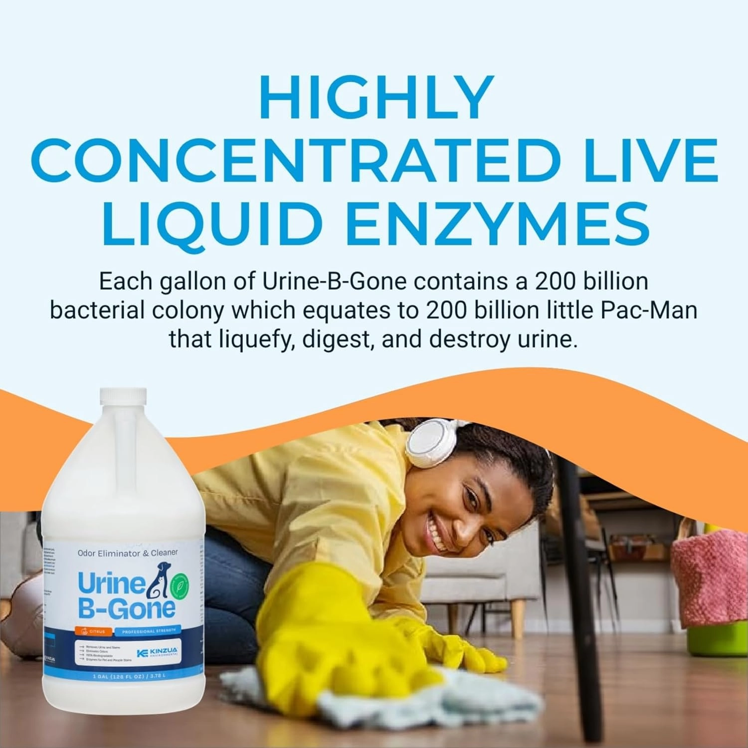 KINZUA ENVIRONMENTAL Urine B-Gone, Professional Enzyme Odor Eliminator & Pet Stain Remover, Human, Cat & Dog Urine Cleaner, Effective on Laundry, Carpets & More, Citrus Scent, 1 Gallon