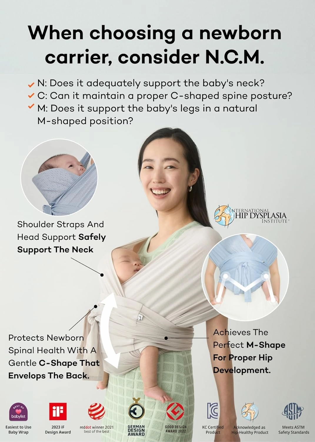 Konny New and Improved Baby Carrier Flex AirMesh(Includes Head Support) - Adjustable Summer, Easy to Wear, Baby Wrap Carrier, Perfect for Newborn Babies Essentials up to 44 lbs (M-4XL) - Mint Grey