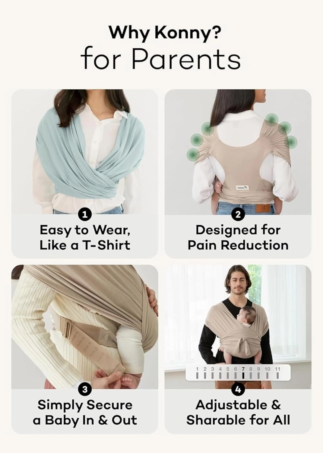 Konny New and Improved Baby Carrier Flex AirMesh(Includes Head Support) - Adjustable Summer, Easy to Wear, Baby Wrap Carrier, Perfect for Newborn Babies Essentials up to 44 lbs (M-4XL) - Mint Grey