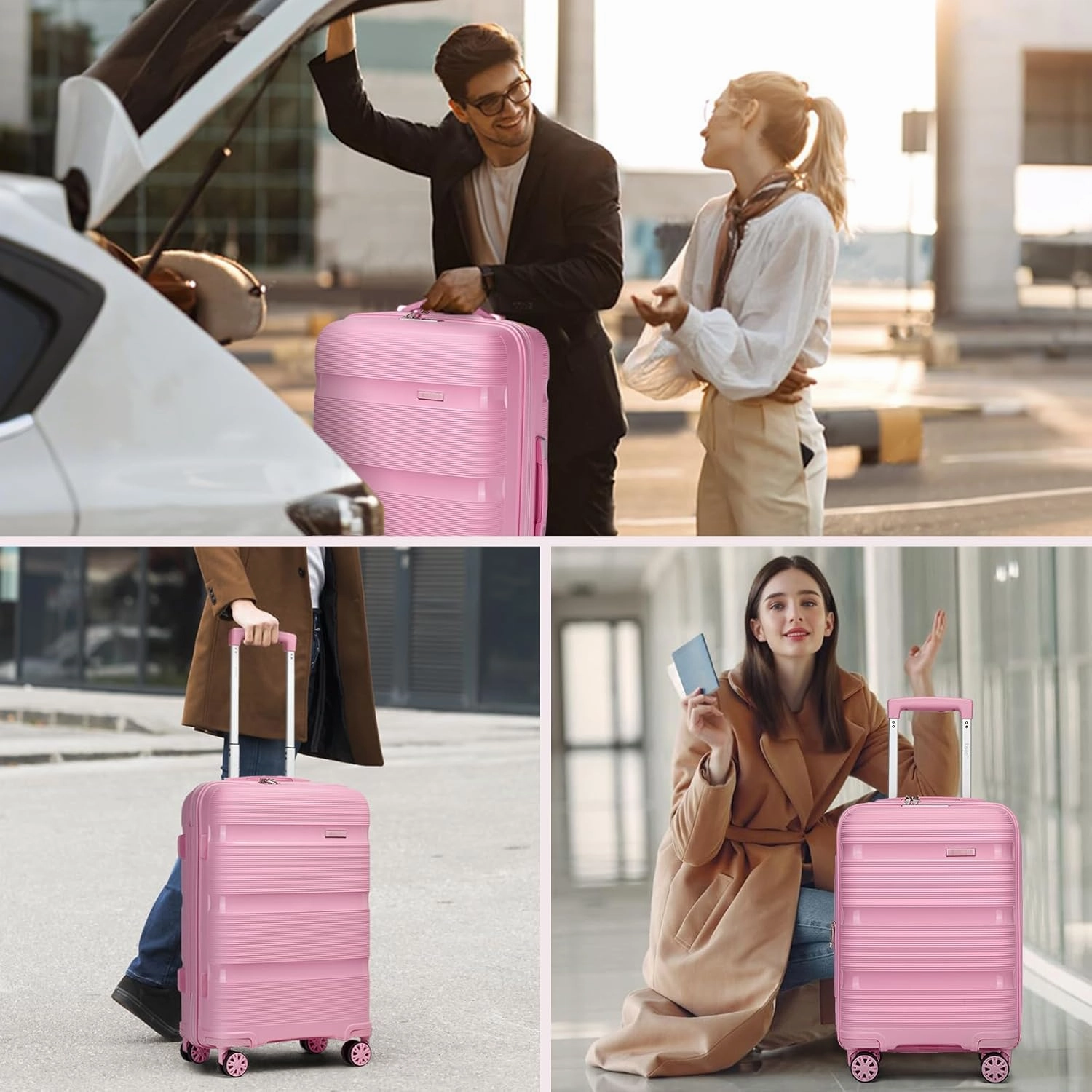 Kono Luggage Sets 3 Piece Hard Shell Travel Trolley 4 Spinner Wheels Lightweight Polypropylene Suitcase with TSA Lock (Pink, 20/24/28 Set)
