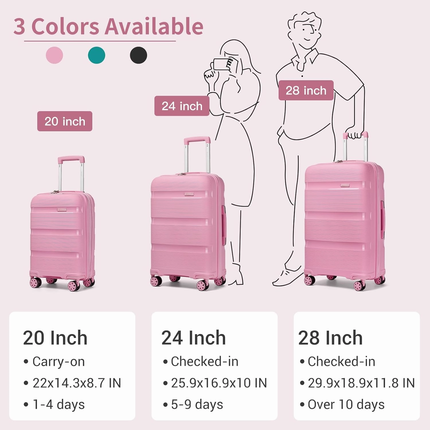 Kono Luggage Sets 3 Piece Hard Shell Travel Trolley 4 Spinner Wheels Lightweight Polypropylene Suitcase with TSA Lock (Pink, 20/24/28 Set)