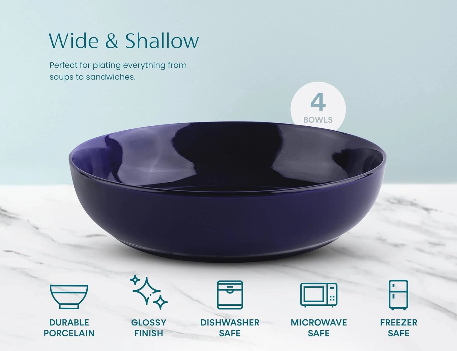 KooK Pasta Bowl, Salad Bowls, Soup, Serving Bowls, Ceramic, Large Capacity, Microwave & Dishwasher Safe, Set of 4, 40 Oz, (Cobalt)