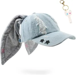 Kpop Y2K Woman's Bunnies Baseball Cap Cute Hip-hop Long Rabbit Ears Hats with Keychain