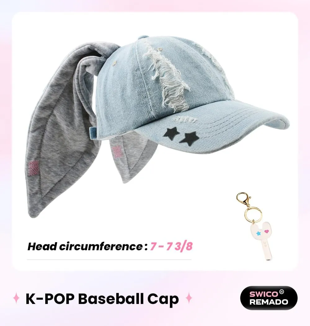 Kpop Y2K Woman's Bunnies Baseball Cap Cute Hip-hop Long Rabbit Ears Hats with Keychain