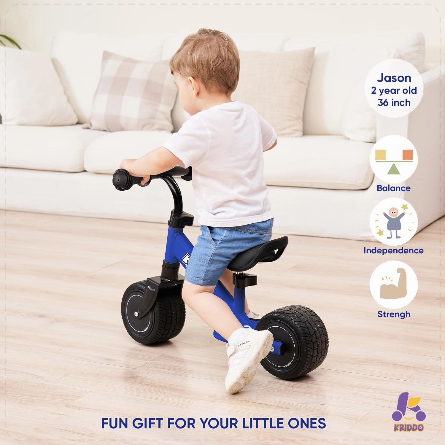 KRIDDO Baby Balance Bike Mini Cruiser Design with Wide PU Wheels for 1-3 Year Olds Ideal First Birthday Gift and Baby Toy, Blue