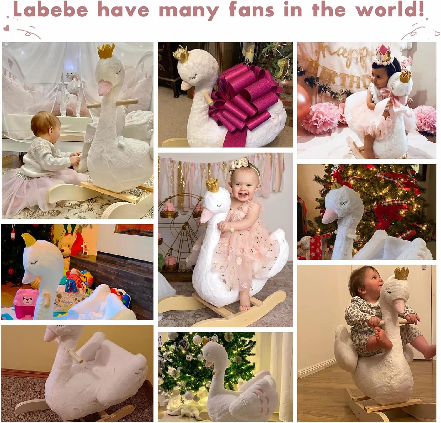 labebe Kids Rocking Horse White Swan, Stuffed Animal Wooden Rocker for Children 6 Months Boys and Girls/Nursery Christmas, Birthday Gift (Rocking Swan)