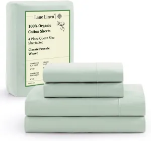 LANE LINEN 100% Organic Cotton Queen Sheets, Fully Elasticized Soft & Comfy Classic Percale Weave, Low Pill Fade Resistant Machine Washable Sheet & Pillowcase Sets, 15" Deep Pocket- Cool Blue