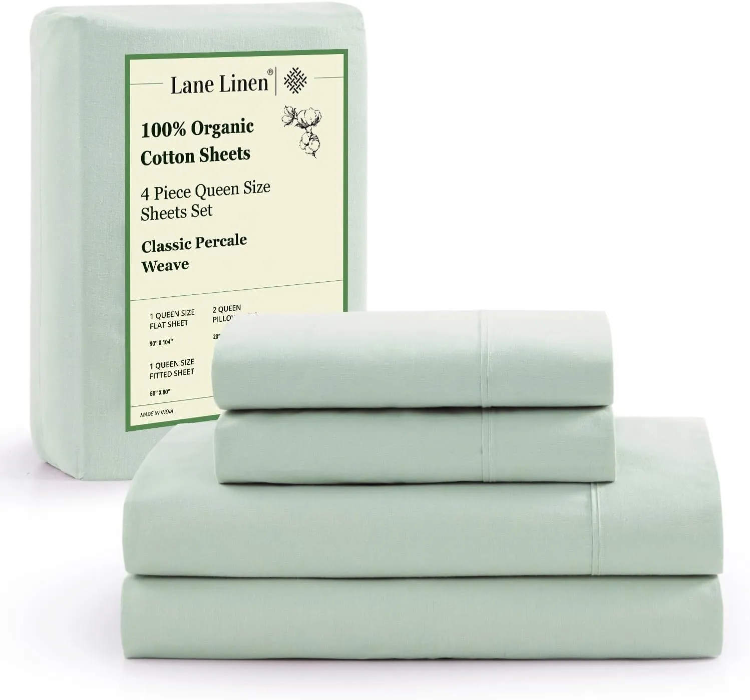 LANE LINEN 100% Organic Cotton Queen Sheets, Fully Elasticized Soft & Comfy Classic Percale Weave, Low Pill Fade Resistant Machine Washable Sheet & Pillowcase Sets, 15" Deep Pocket- Cool Blue