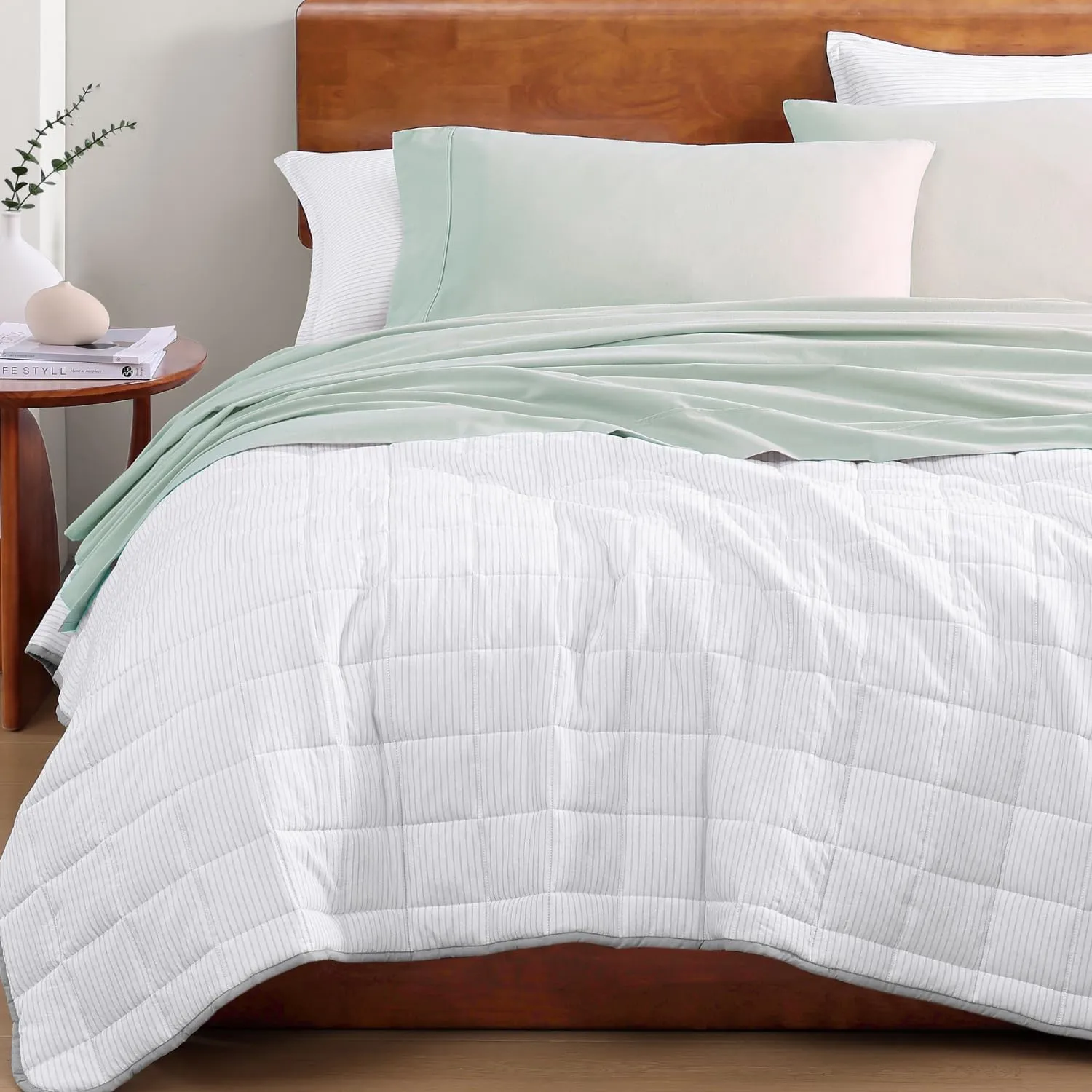 LANE LINEN 100% Organic Cotton Queen Sheets, Fully Elasticized Soft & Comfy Classic Percale Weave, Low Pill Fade Resistant Machine Washable Sheet & Pillowcase Sets, 15" Deep Pocket- Cool Blue