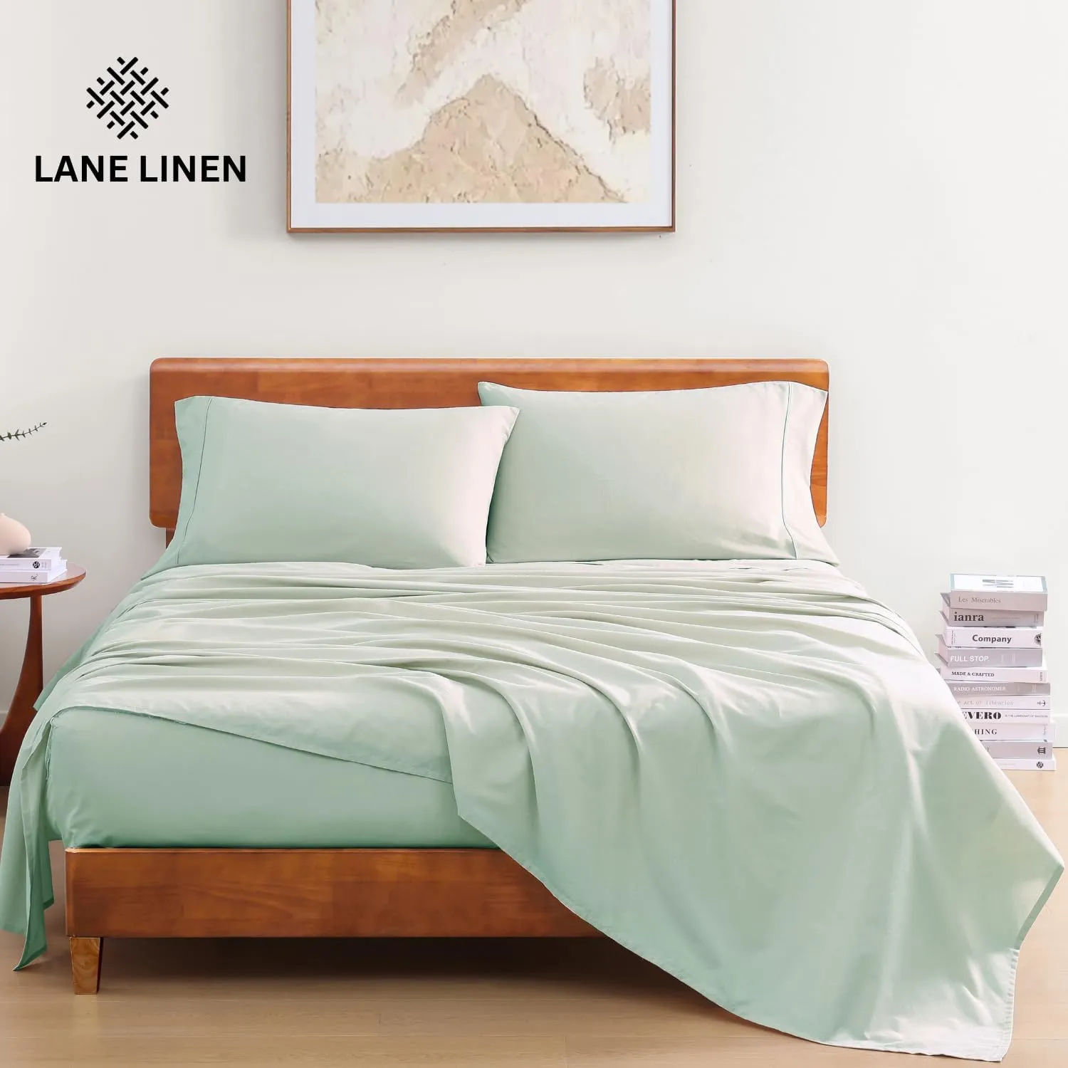 LANE LINEN 100% Organic Cotton Queen Sheets, Fully Elasticized Soft & Comfy Classic Percale Weave, Low Pill Fade Resistant Machine Washable Sheet & Pillowcase Sets, 15" Deep Pocket- Cool Blue