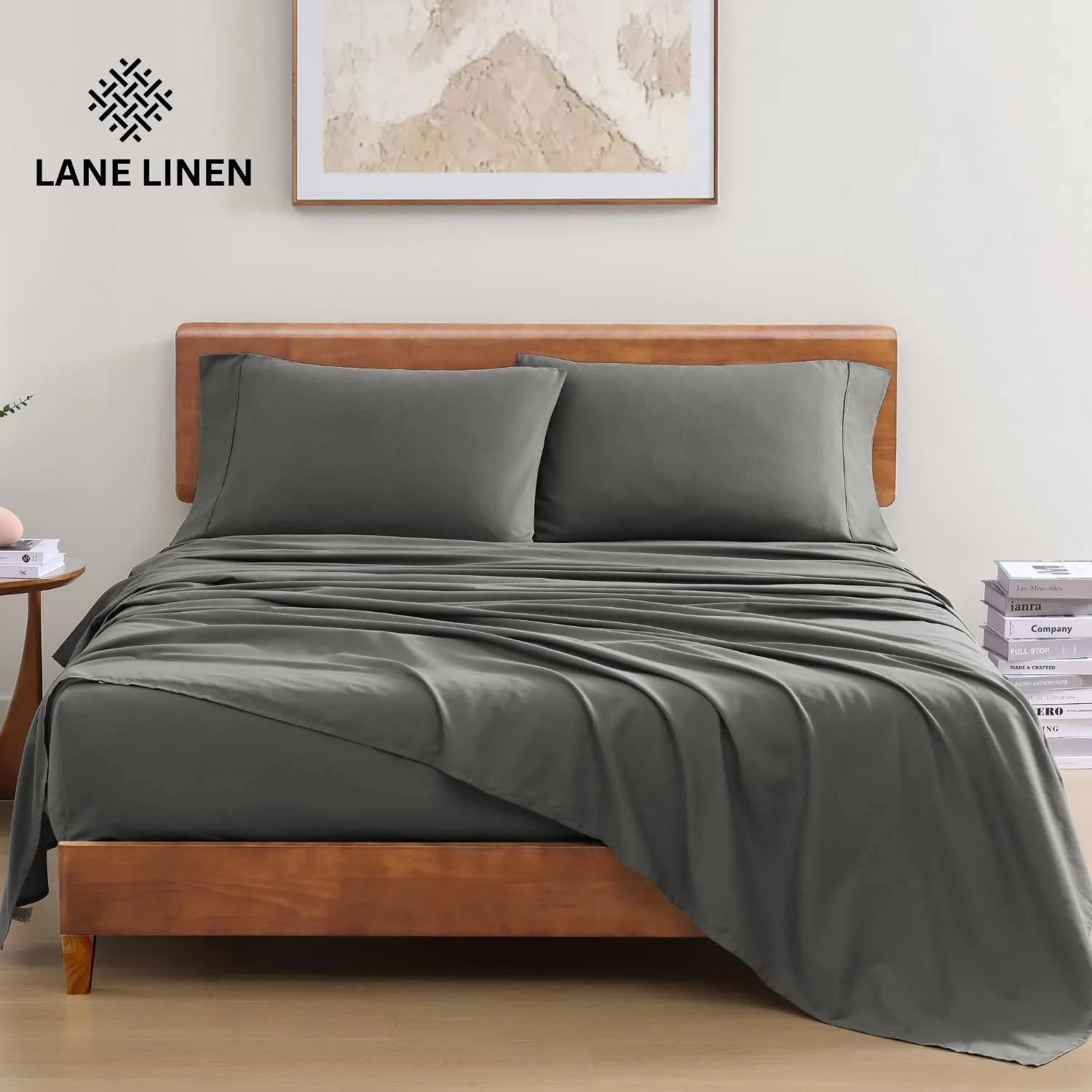 LANE LINEN 100% Organic Cotton Sheets King Size Machine Washable Fully Elasticized Soft & Comfy Mercerized Sustainably Produced All Season Eco Friendly Cotton Sheets sábanas King- Charcoal