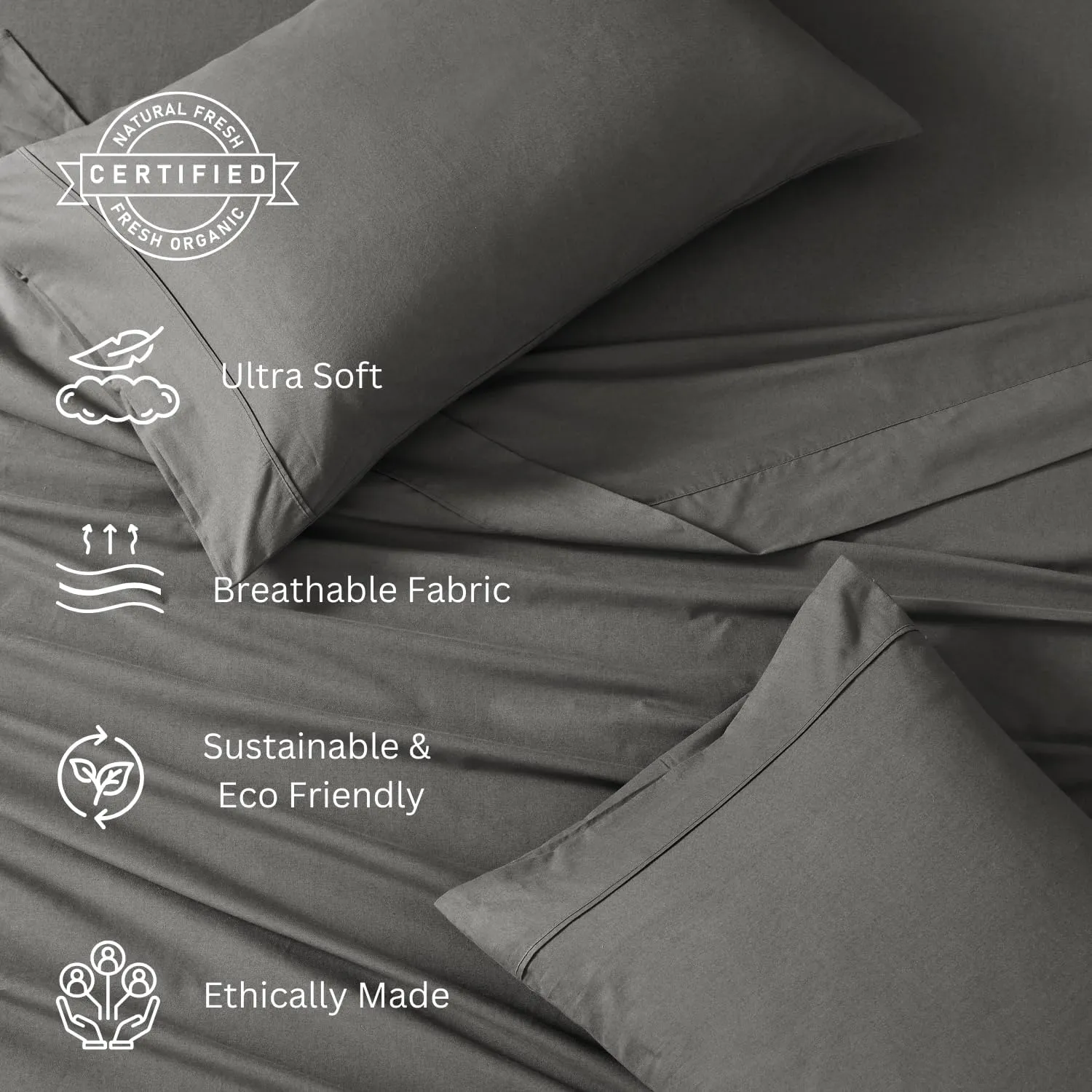 LANE LINEN 100% Organic Cotton Sheets King Size Machine Washable Fully Elasticized Soft & Comfy Mercerized Sustainably Produced All Season Eco Friendly Cotton Sheets sábanas King- Charcoal
