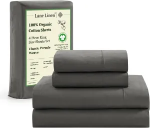 LANE LINEN 100% Organic Cotton Sheets King Size Machine Washable Fully Elasticized Soft & Comfy Mercerized Sustainably Produced All Season Eco Friendly Cotton Sheets sábanas King- Charcoal