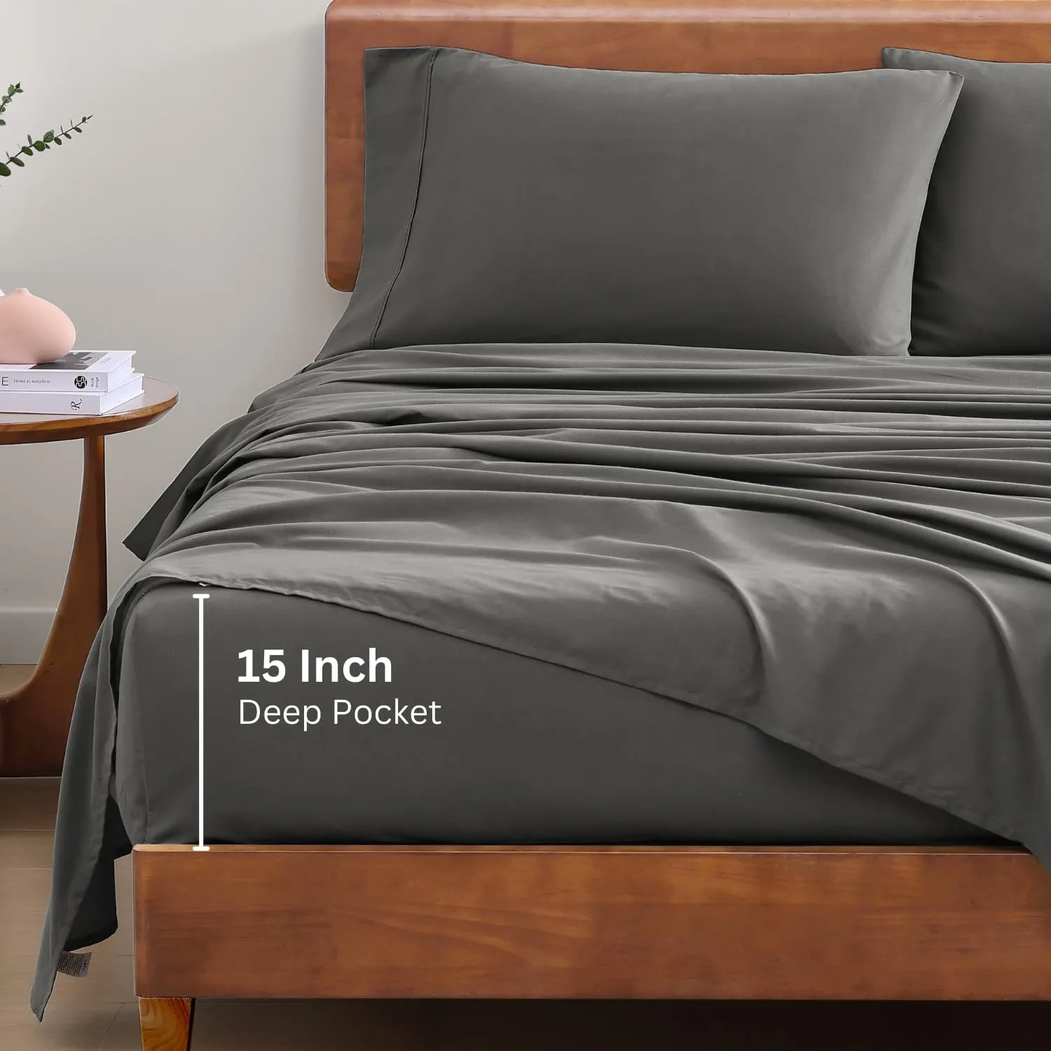 LANE LINEN 100% Organic Cotton Sheets King Size Machine Washable Fully Elasticized Soft & Comfy Mercerized Sustainably Produced All Season Eco Friendly Cotton Sheets sábanas King- Charcoal