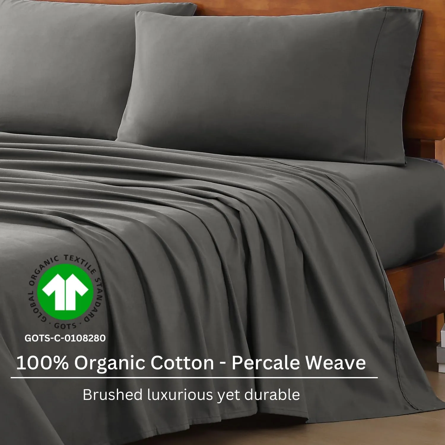 LANE LINEN 100% Organic Cotton Sheets King Size Machine Washable Fully Elasticized Soft & Comfy Mercerized Sustainably Produced All Season Eco Friendly Cotton Sheets sábanas King- Charcoal