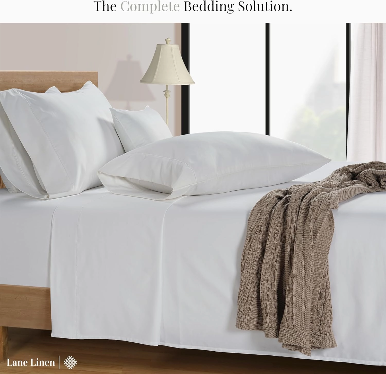 LANE LINEN 100% Cotton White Queen Size Sheet Set – Luxurious Hotel-Quality Sateen Weave, Fully Elasticized Mercerized Cotton, Deep Pocket 4-Piece Set, Naturally Cooling & Comfortable