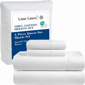 LANE LINEN 100% Cotton White Queen Size Sheet Set – Luxurious Hotel-Quality Sateen Weave, Fully Elasticized Mercerized Cotton, Deep Pocket 4-Piece Set, Naturally Cooling & Comfortable