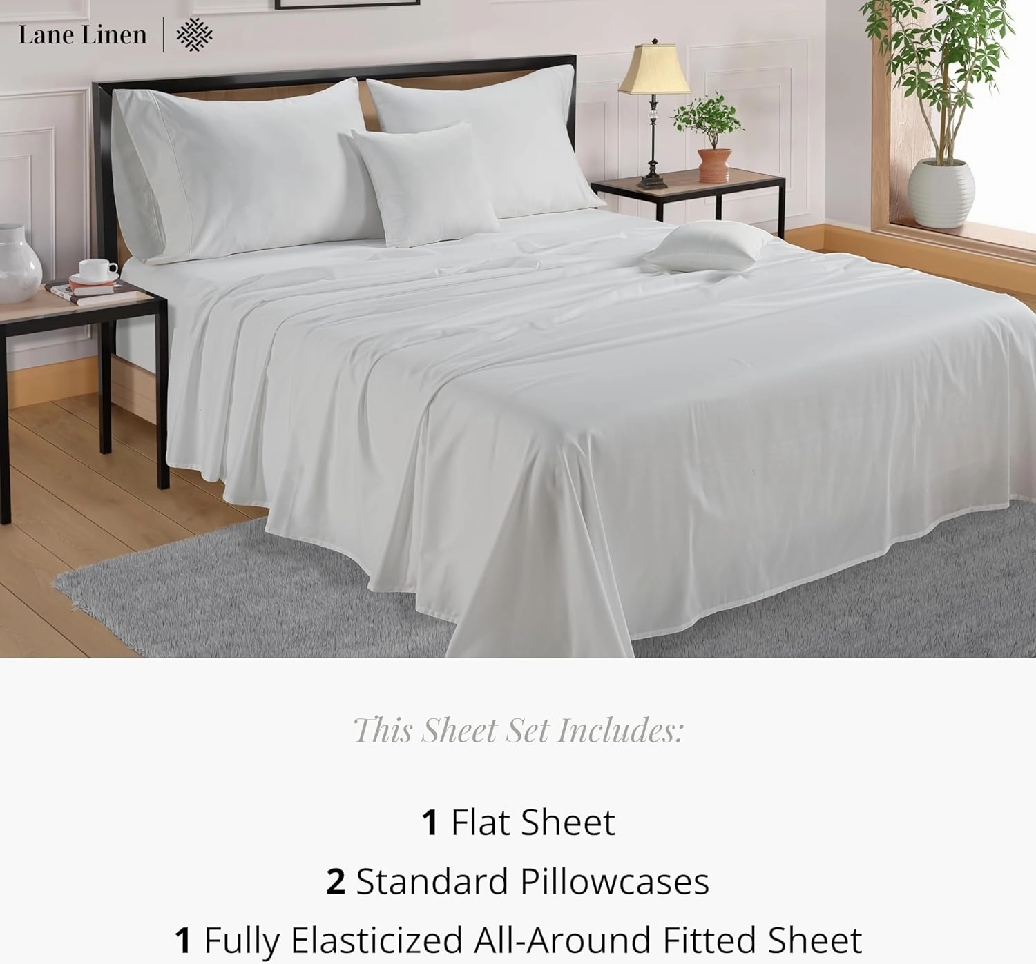 LANE LINEN 100% Cotton White Queen Size Sheet Set – Luxurious Hotel-Quality Sateen Weave, Fully Elasticized Mercerized Cotton, Deep Pocket 4-Piece Set, Naturally Cooling & Comfortable