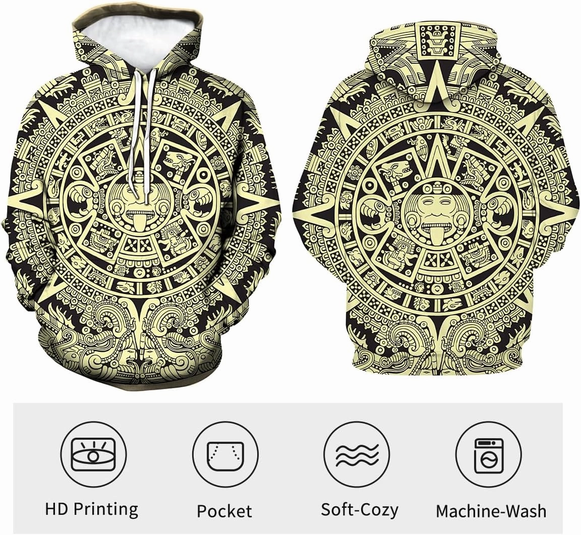 LAOLIUSN Men's Aztec Hoodie with Mayan Totems Design Mexican Themed Printed Sweatshirt