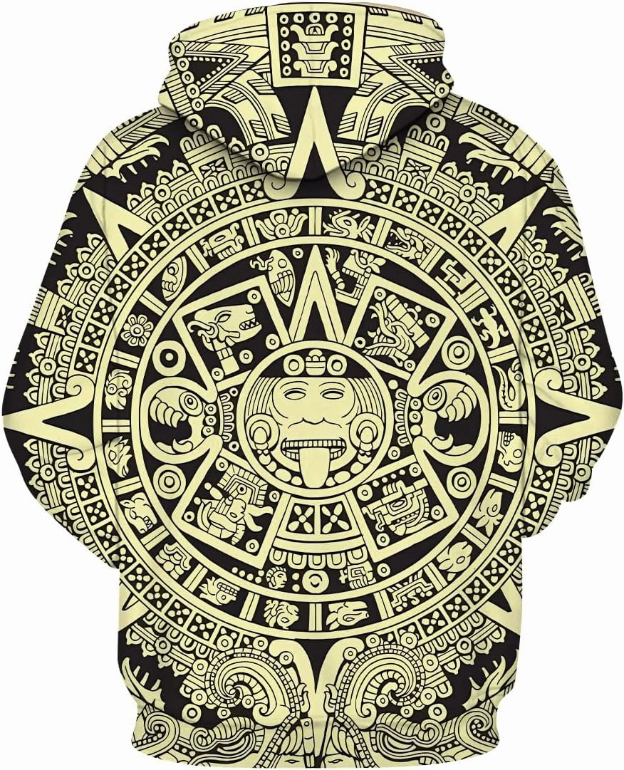 LAOLIUSN Men's Aztec Hoodie with Mayan Totems Design Mexican Themed Printed Sweatshirt