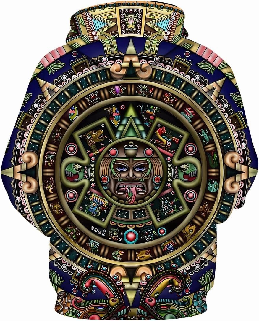 LAOLIUSN Men's Aztec Hoodie with Mayan Totems Design Mexican Themed Printed Sweatshirt
