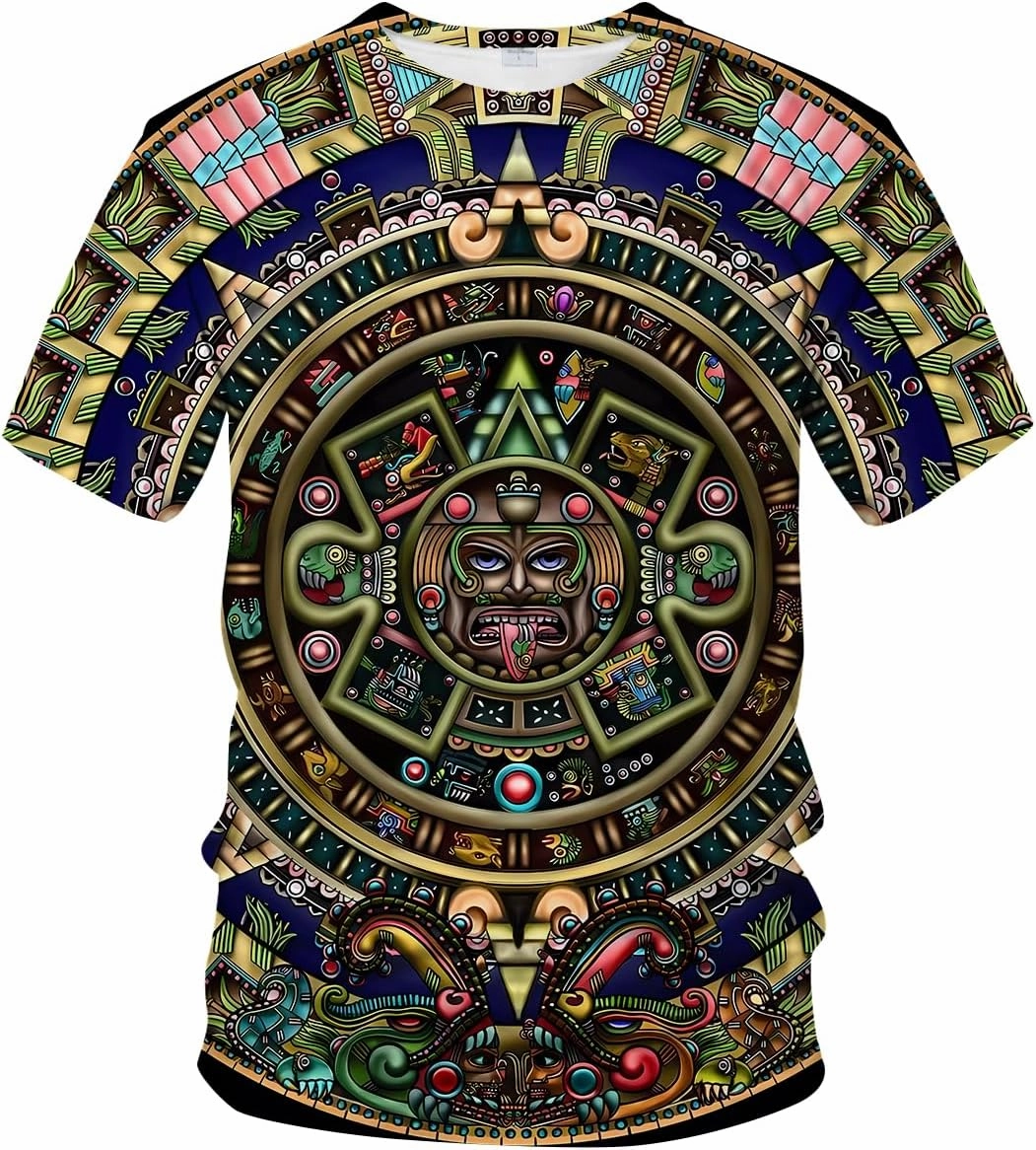 LAOLIUSN Men's Aztec T-Shirt with Mayan Totems Design Mexican Themed Printed Tee