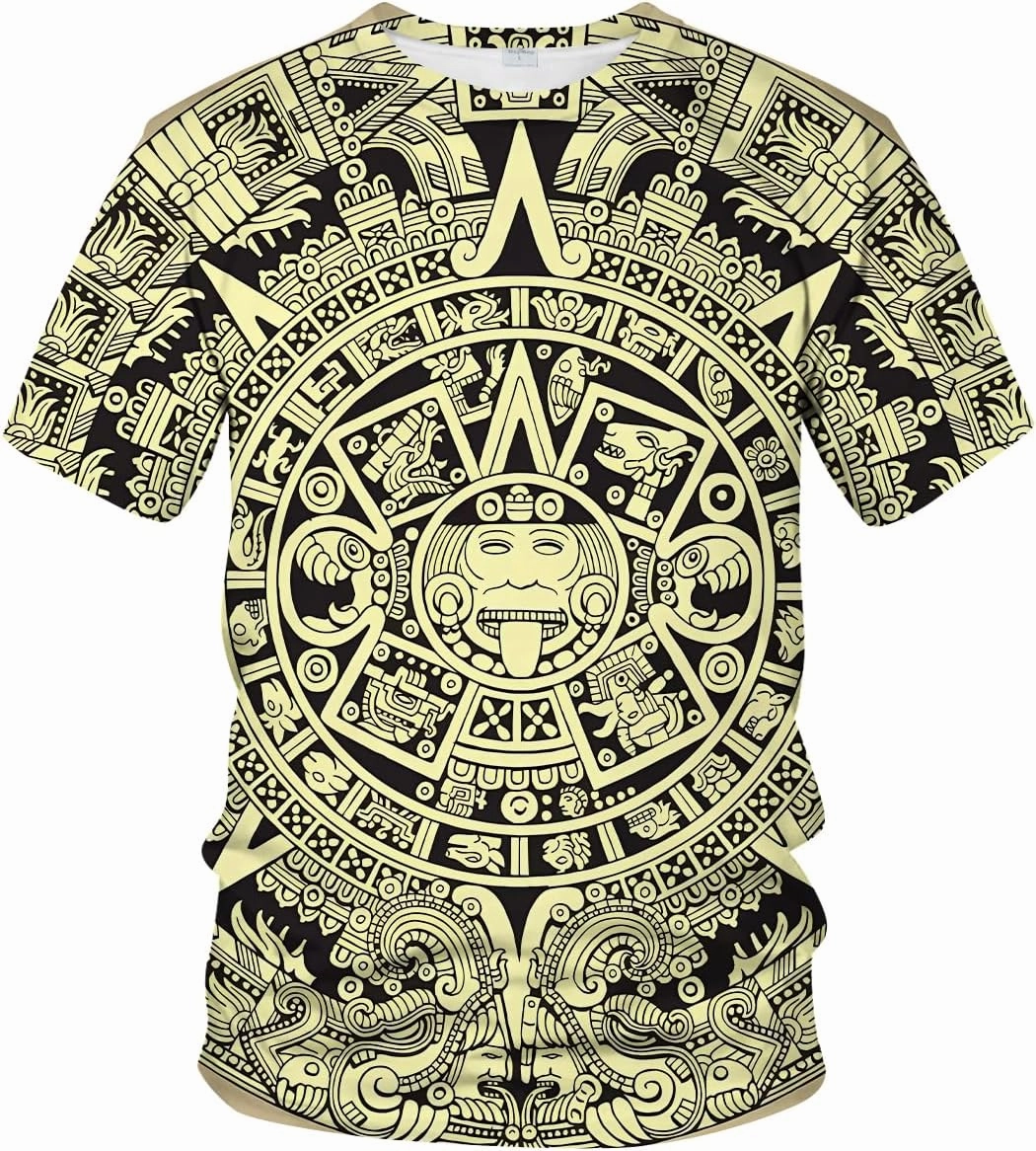 LAOLIUSN Men's Aztec T-Shirt with Mayan Totems Design Mexican Themed Printed Tee
