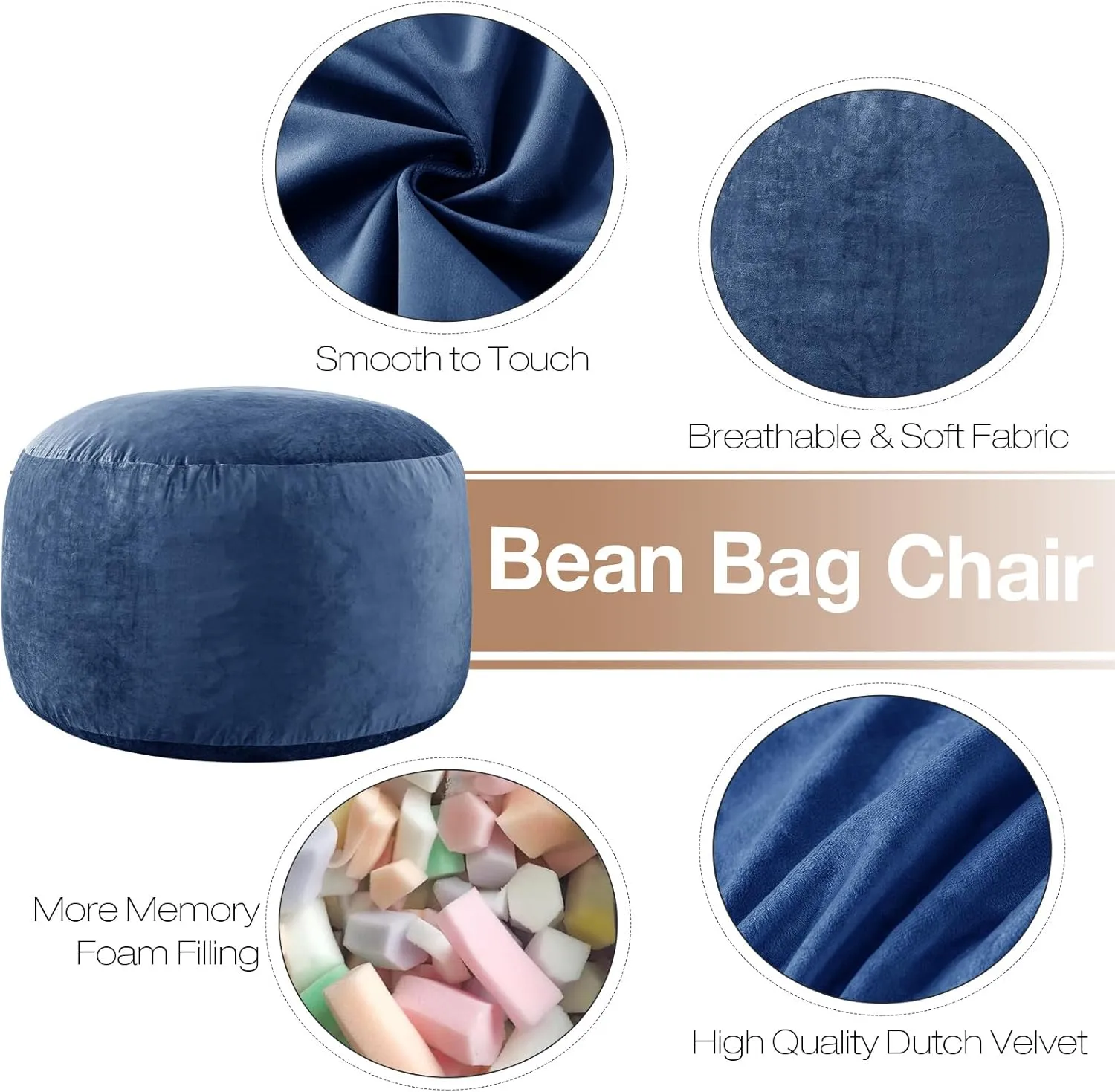 Large Bean Bag Chair: 3 ft Memory Foam Bean Bag Chairs for Adults/Kids,Bean Bag Chair with Fillings,Soft Faux Fur Fabric - Dutch Velvet, Cobalt, 3 Foot