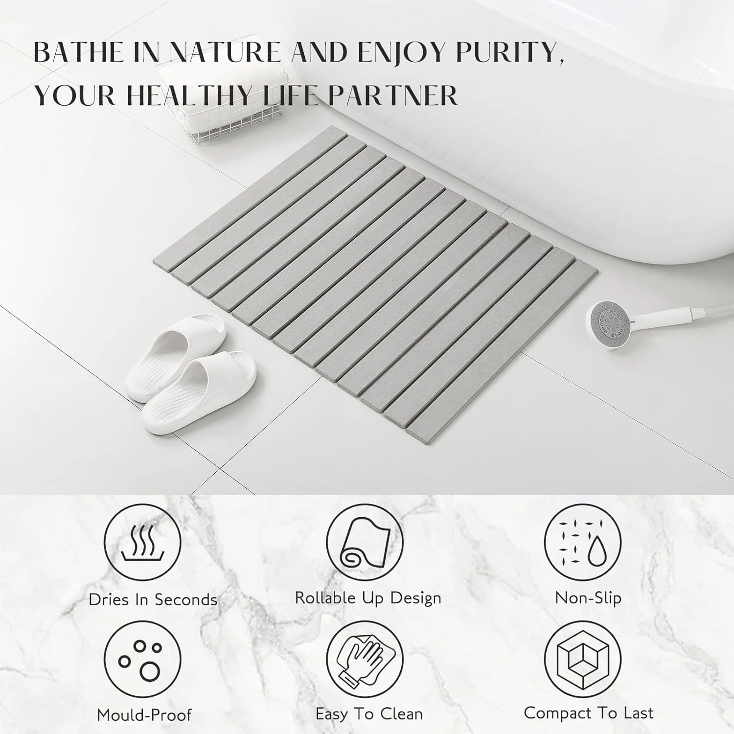 Large Stone Bath Mat, 31"x 23" Non-Slip Diatomaceous Earth Bath Mat, Ultra-Absorbent Quick-Drying Stone Drying Mat for Kitchen Bathroom Pet Bowl, Rollable & Foldable Stone Bath Mat, Gray XL