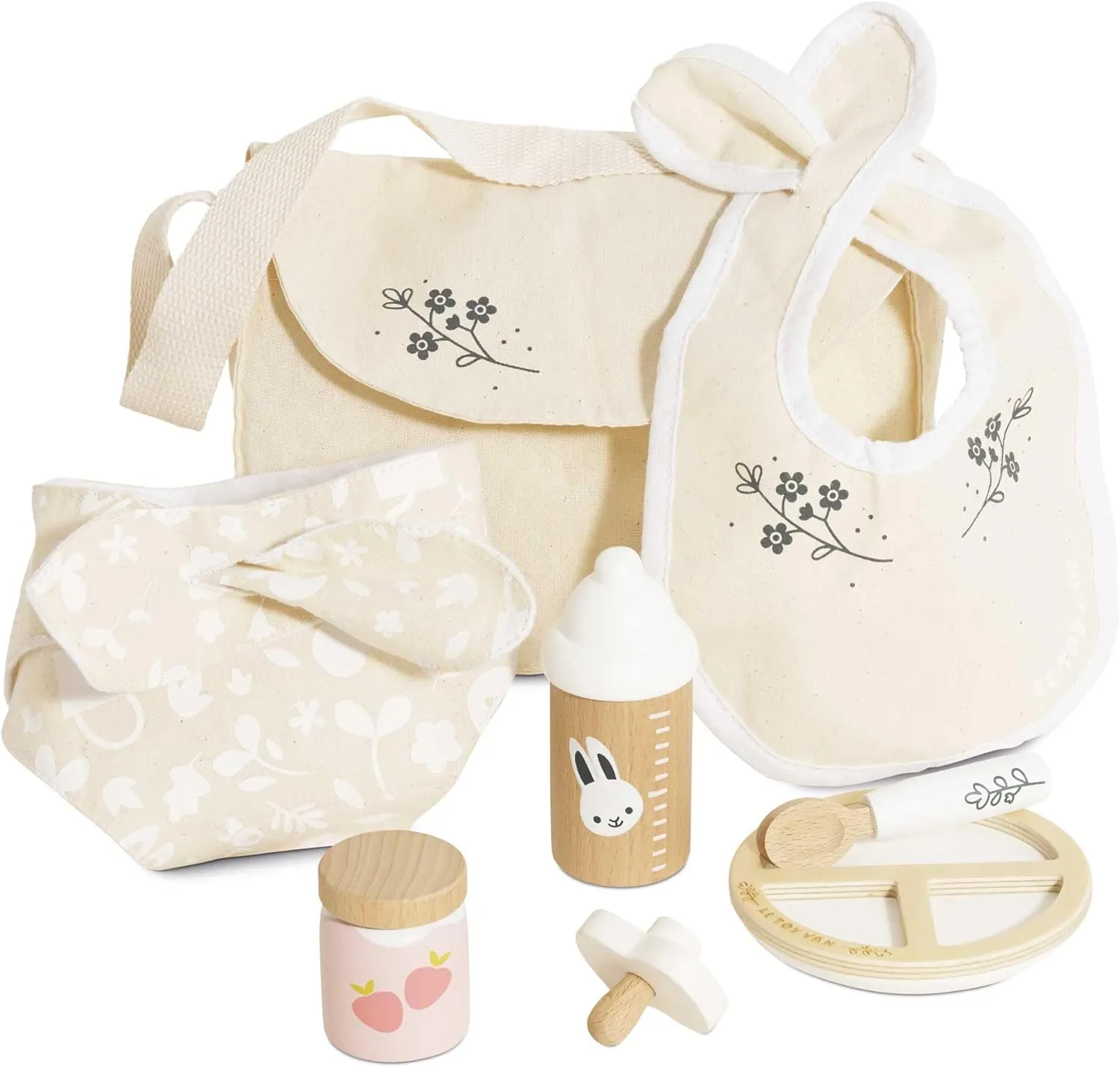 Le Toy Van - Honeybake - Baby Doll Accessories - Natural Cotton   Wooden Toy Dolls Nursing Accessories Set - Scaled Doll Accessories - 8 Piece Set - Dolls and Toys 30-35cm - Age 2  Years