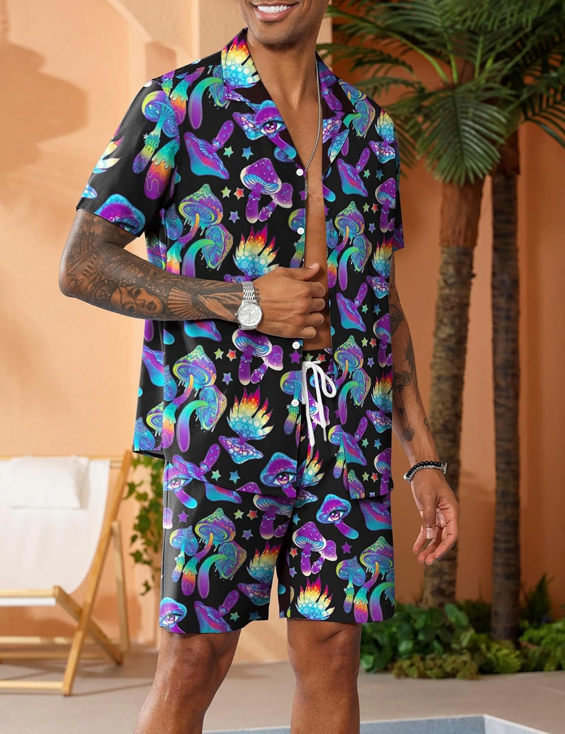 LecGee Men's Rave Outfits Hawaiian Shirts and Shorts Sets 2 Pieces Retro 80s 90s Outfit